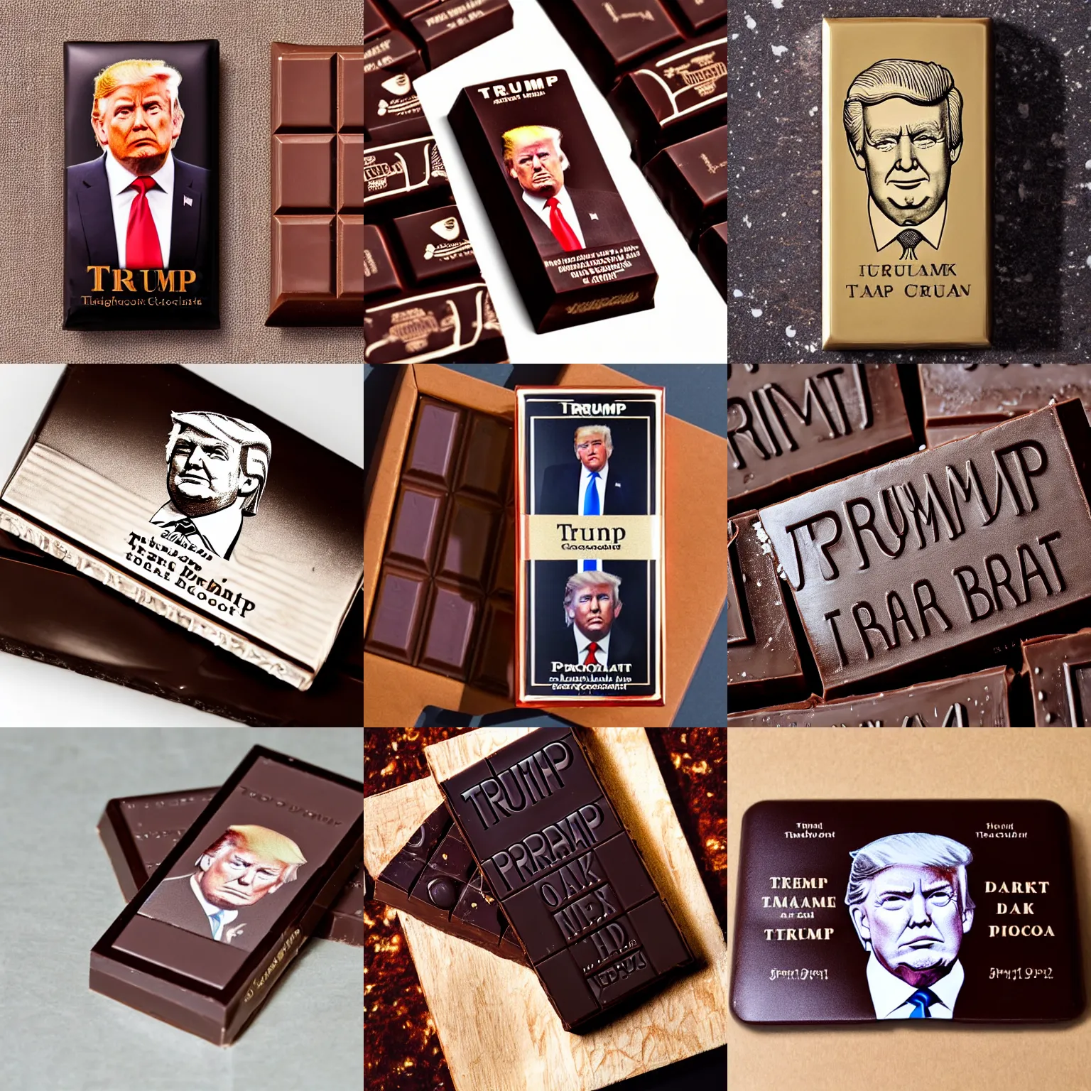 Prompt: portrait of trump engraved into dark chocolate bar