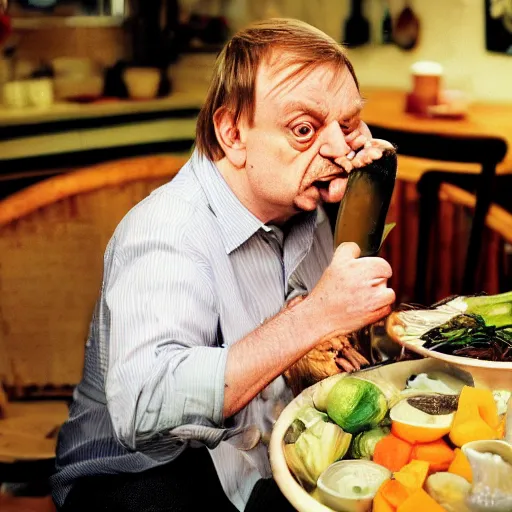 Prompt: mark e smith sitting at a table eating a big pile of vegetables, fork and knife in hand, drooling and licking and smacking his lips, photograph