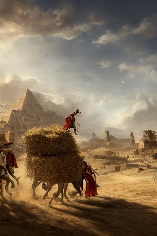 Image similar to ezio audotire plunging into a cart filled with haystack, background has pyramids and dromedaries walking by, digital art, trending on artstation, 4 k