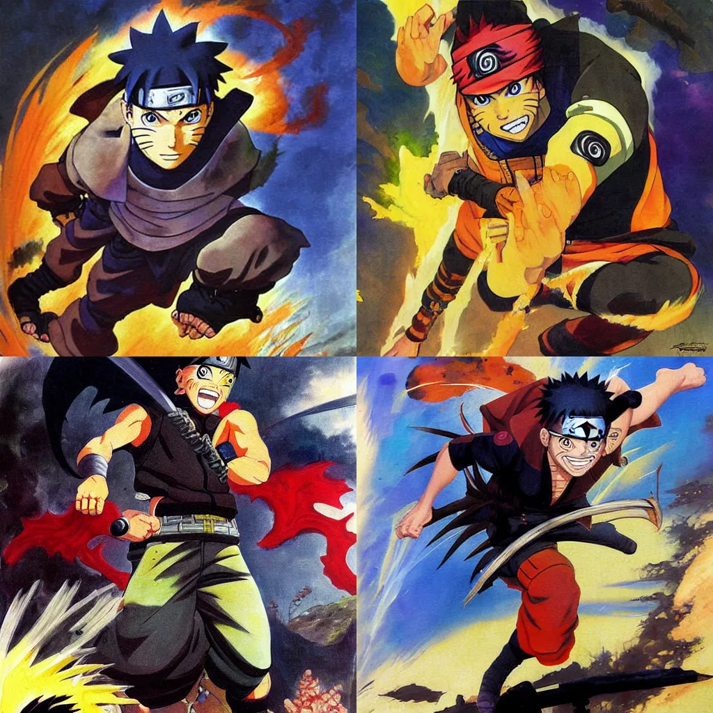 Prompt: Naruto painting by Frank Frazetta