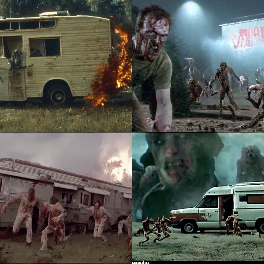 Prompt: Ridley Scott movie screenshot showing zombies attacking a fortified RV.