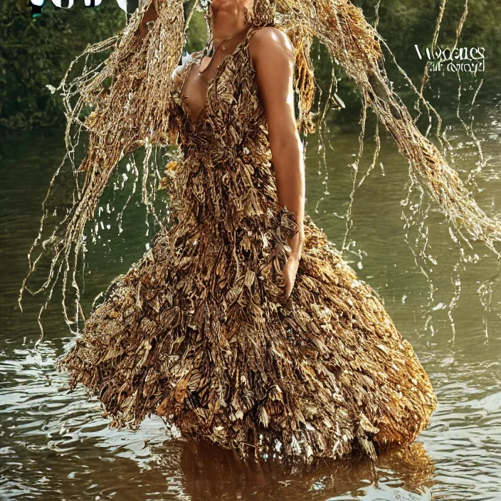 Prompt: a woman with a dress made of leaves and chains, standing next to water, golden hour, vogue magazine