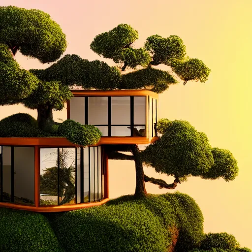 Prompt: Modern house made of tree, big windows, bonsai tree on roof, on a cliff, sunrise, high resolution, artstation, 8k