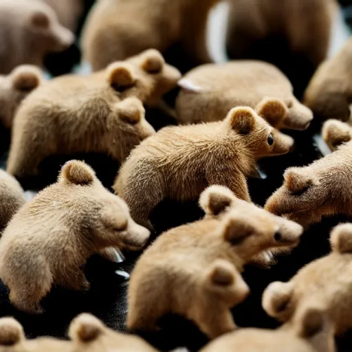 Prompt: macro shot photograph of dozens of extremely tiny realistic looking bears inside of a plastic tiny bears product food bag package, 4 k, highly detailed