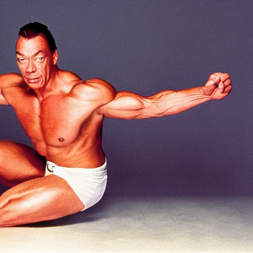 Image similar to Jean Claude Vandamme, 1992, doing the splits over a toilet, dramatic lighting, award winning, octane,