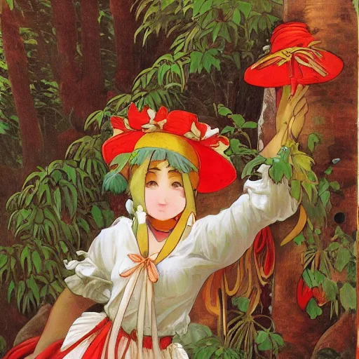 Image similar to a mucha alphonse of reimu in the jungle wearing bonnet