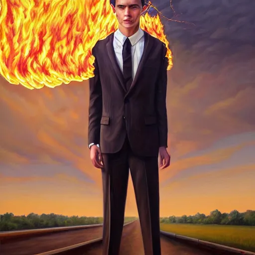 Image similar to a hyper realistic painting of a calm young man in a burning business suit, his clothes is burning, full body painting, long shot, coherent symmetrical eyes, by jeffrey smith, by andrea kowch, by steve henderson, masterpiece, trending on artstation,