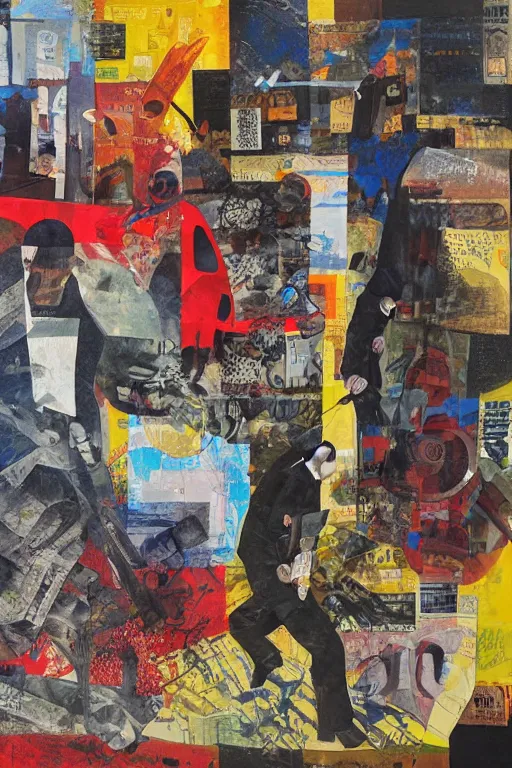 Prompt: bank robbery, collage, acrylic on canvas, expressionism movement, breathtaking detailed, by blake neubert