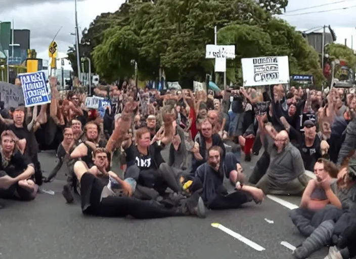 Prompt: A group of New Zealand Freedom protesters being outraged about potholes. News footage