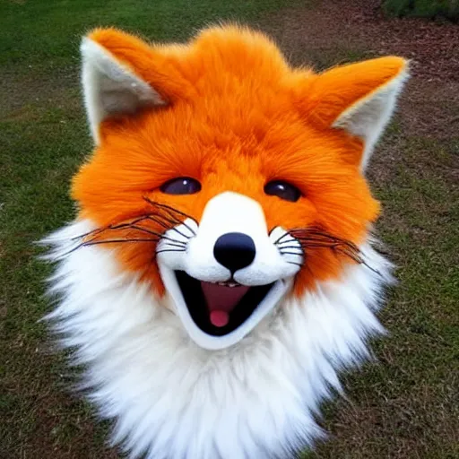 Image similar to extremely fluffy fox fursuit, cute, photo