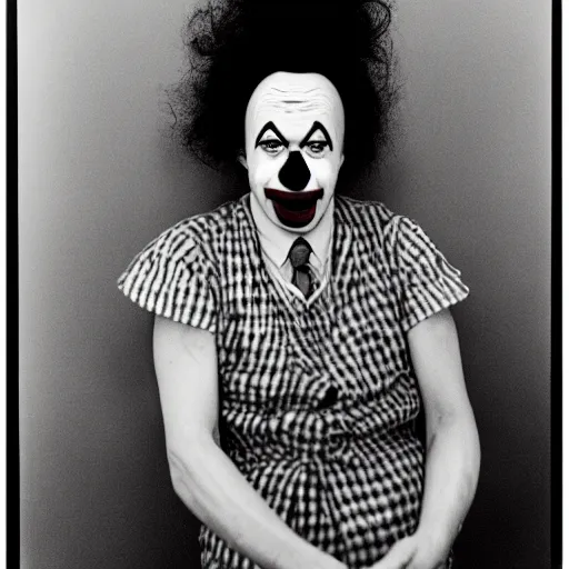 Image similar to portrait of a clown by Diane Arbus, 50mm, black and white photography