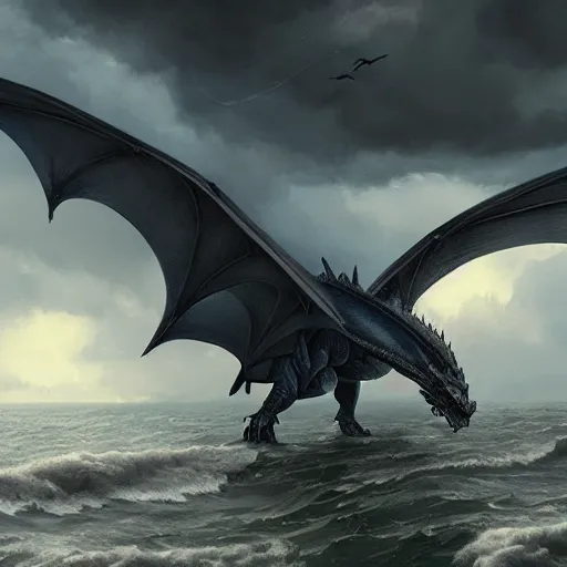 Prompt: dragon, huge wings, scary weather, stormy, ocean, spitfire, photography, hyperrealistic, by greg rutkowski, smooth, illustration, elegant, artstation, digital painting.