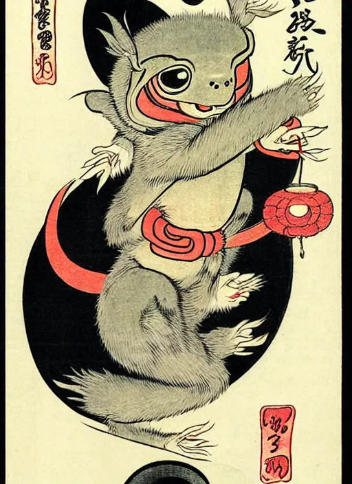 Image similar to gizmo the mogwai as a yokai illustrated by kawanabe kyosai and toriyama sekien