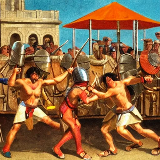 Image similar to roman gladiators attacking a hot dog stand