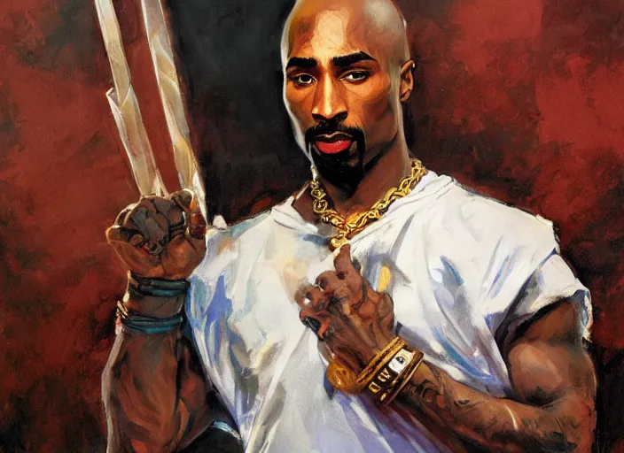 Prompt: a highly detailed beautiful portrait of tupac shakur as kratos, by gregory manchess, james gurney, james jean