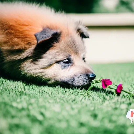 Prompt: a keeshond puppy sniffing a flower, sigma 8 5 mm f / 1. 4