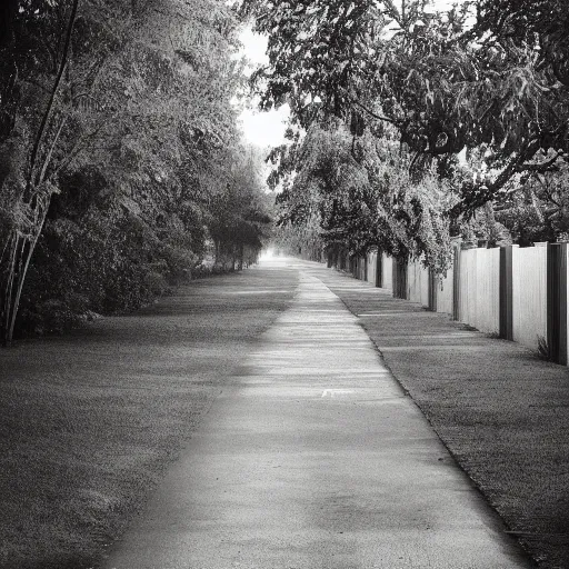 Image similar to Beautiful cameraphone, soft liminal Photograph of a residential road at early morning, lawn, bushes