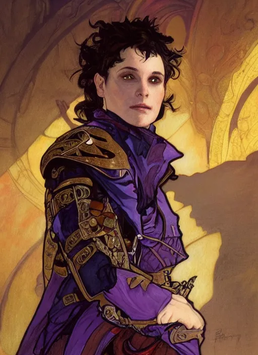 Image similar to a nonbinary hobbit wearing leather armour and a purple smoking jacket, short brown hair. fantasy concept art. moody epic painting by james gurney, and alphonso mucha. artstationhq. painting with vivid color. ( dragon age, witcher 3, arcane, lotr )