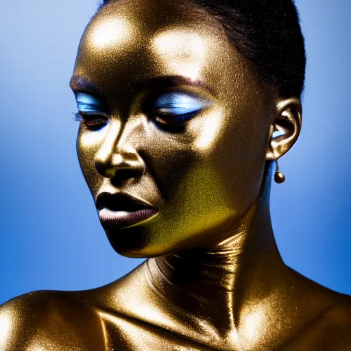 Prompt: portrait of metallic face, african woman, proud looking away, liquid metal, mercury, outdoor, blue sky, nature, 8 k, realistic, depth of field, highly detailed, award winning photography,