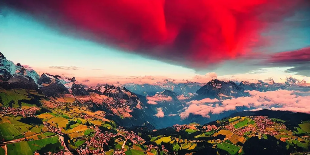 Prompt: Red Clouds above beautiful switzerland, stunning amazing.