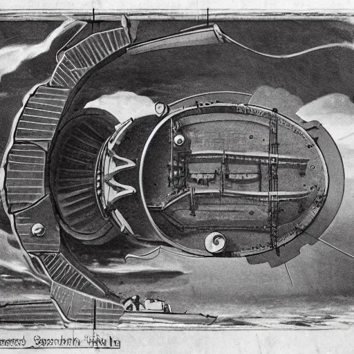 Image similar to cross section of a mechanical steam powered submarine made from sandstone