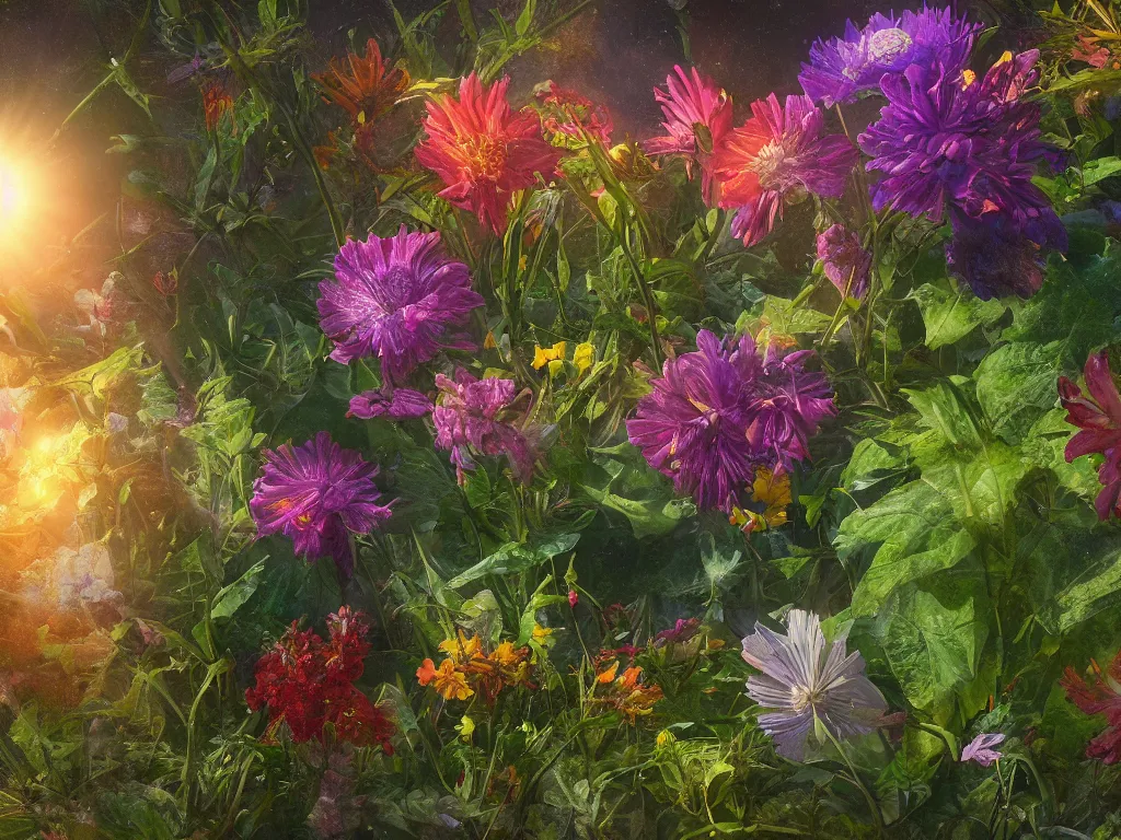 Image similar to sunlight study, the universe is a spheroid region of kauai wildflower undergrowth, art nouveau, by jan davidz de heem and ( ( ( ( ( lisa frank ) ) ) ) ), 8 k, sharp focus, octane render