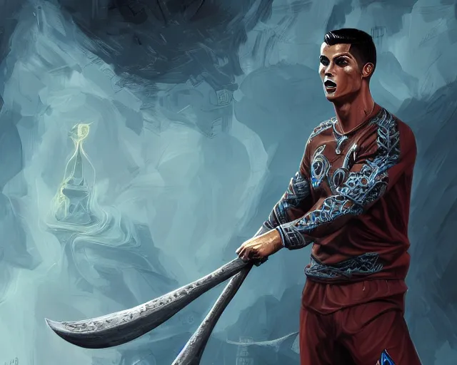 Image similar to cristiano ronaldo as a strong fantasy magician who does magic, fantasy art, in the style of Joel Santana, illustration, epic, fantasy, intricate, elgant, amazing detail, digital painting, artstation, concept art, smooth, sharp focus