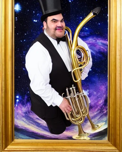 Prompt: studio portrait of ian karmel wearing a top hat, playing a french horn, with a space background