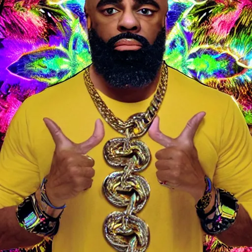 Image similar to a portrait photograph of joe rogan as mr. t wearing many gold chains with a psychedelic dmt background