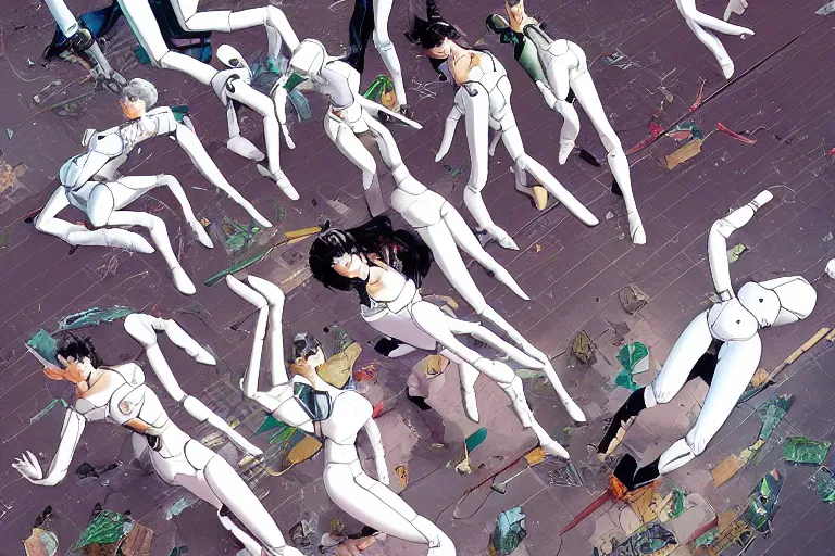 Image similar to a nice illustration of a group of female androids' lying scattered over an abstract, empty, white floor, by masamune shirow, hajime sorayama and katsuhiro otomo, view from above