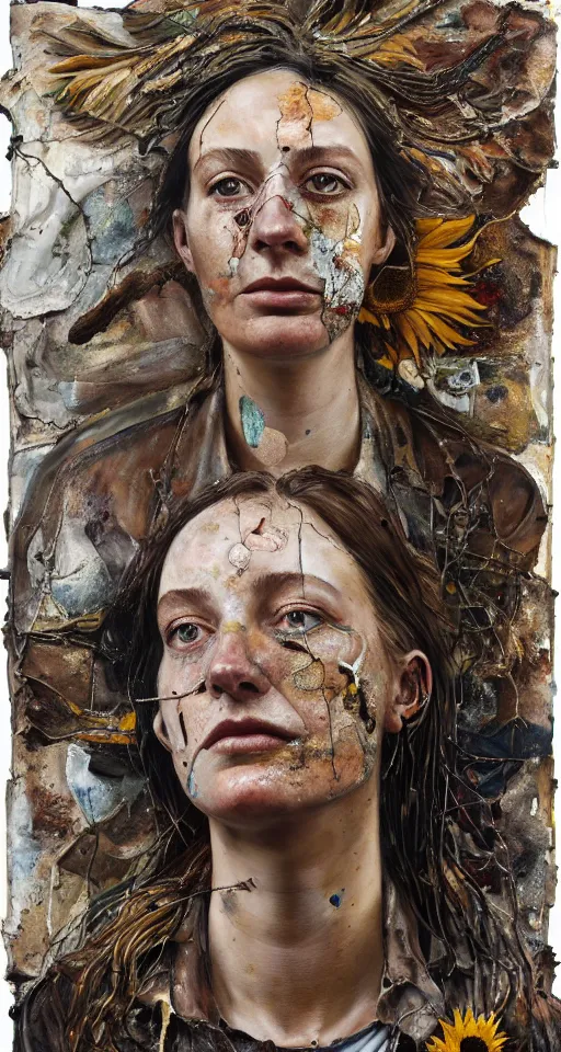 Image similar to a full length portrait of a very ordinary young woman with a sad expression, Anselm Kiefer and Lucian Freud and Jenny Saville, oil painting, rust, Scaffolding, rusted metal and sunflowers, iron cladding, decay, mixed media, textured, anatomically correct, beautiful perfect face, visible brushstrokes, sharp focus, twisted wire, Highly Detailed, photographic emulsion cracked and peeling, Cinematic Lighting, 8k, HD