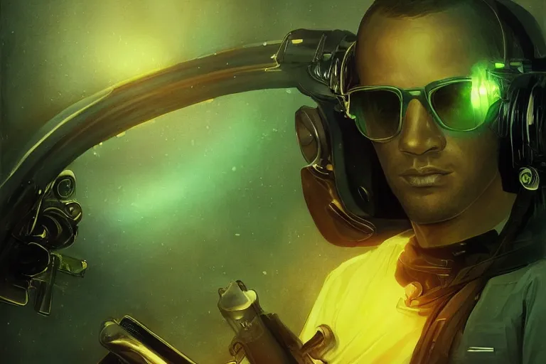 Image similar to Beautiful portrait of a glowing translucent body glowing male police officer wearing cool shades. Green fluorescent aura around officer, wide angle, magic, fire, darkness, dramatic lighting, Africa, intricate, wild, highly detailed, digital painting, artstation, concept art, smooth, sharp focus, illustration, art by artgerm and greg rutkowski and alphonse mucha, footage from space camera