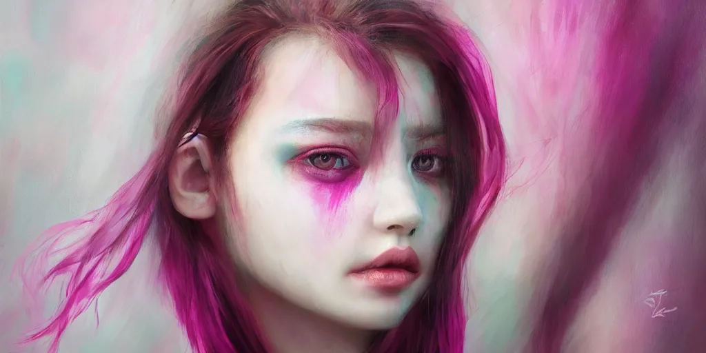 Image similar to A portrait of a girl, white skin, turquaz eyes puppil, symetrical face structure, Wlop painting style, Long magenta haire, Ross Draws, Peter Xiao, photography, 4k,