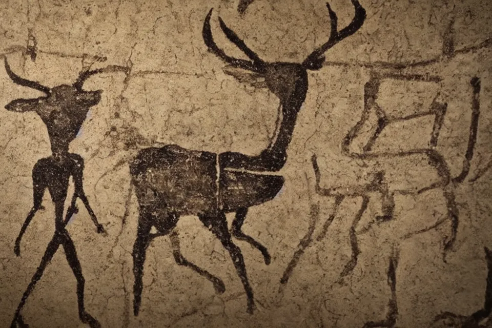 Prompt: a cave painting of a deer and a 1 9 5 0 s sci - fi robot mecha. lascaux cave paintings, chauvet