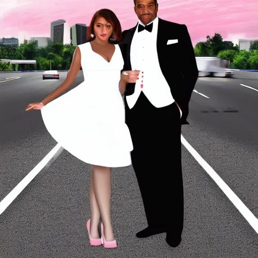 Image similar to A black man wearing white suit and a black tie with a white woman wearing a pink!!! dress on street at night , traffic in background , highly detailed!! face!!!