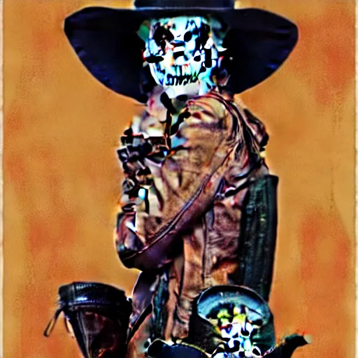 Prompt: in the style Norman Rockwell and Joshua Middleton, mila kunis, skull paint, dia de Los muertos, trenchcoat, day of the dead, full body, smiling, cowboy hat