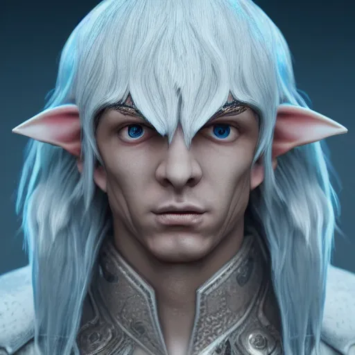 Image similar to a highly detailed male elf in full length, with white long hair, white clothes, bright blue eyes, artstation, DeviantArt, professional, octane render