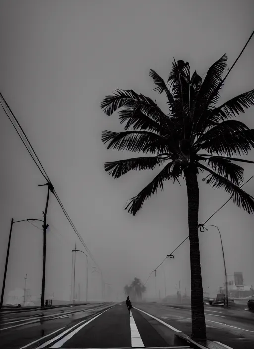 Image similar to a palm tree sitting on top of a wet sidewalk, a photo by rodolfo escalera, unsplash, hypermodernism, ominous vibe, ominous, apocalypse landscape