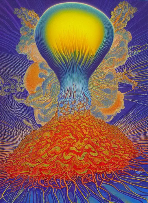 Image similar to 8 0 s new age album cover depicting a nuclear mushroom cloud in the shape of guy fieri, very peaceful mood, oil on canvas by ernst haeckel, by wayne thiebaud, cinestill with red halation