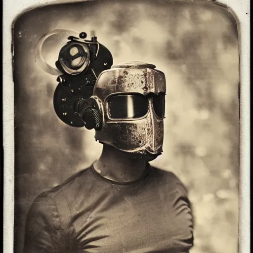 Image similar to tintype photographs of techno shamans, telepaths, dieselpunk cyborgs, masked heroes, irradiated humans, mystic mutates and monster hunters