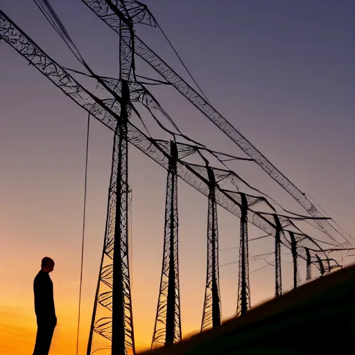 Image similar to man standing in front of electricity pylons at sunset, low angle