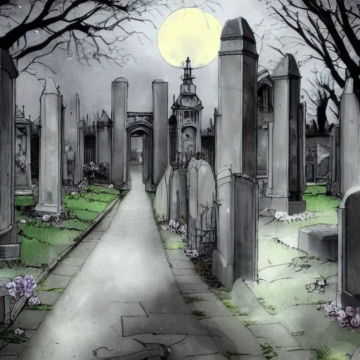 Image similar to anime hd, anime, 2 0 1 9 anime, ghost children, children born as ghosts, london cemetery, albion, london architecture, buildings, gloomy lighting, moon in the sky, gravestones, creepy smiles