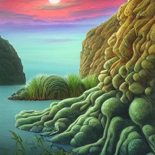 Image similar to artistic digital artwork of a lush natural scene on an alien planet. beautiful landscape by lurid ( 2 0 2 2 ), michael whelan and remedios varo. weird vegetation. cliffs and water. grainy and rough. interesting pastel colour palette. beautiful light. oil and water colour based on high quality render.