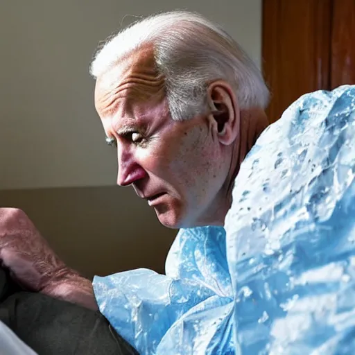 Prompt: a professional atmospheric film like 35mm photograph of Joe Biden wearing a garish hospital gown is drooling with late stage Dementia in a wheelchair at a disgusting run-down senior citizen rest home, there is full bedpan next to him