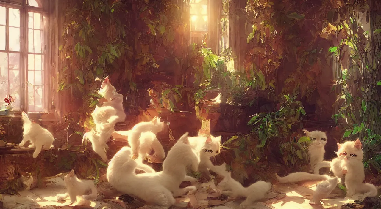 Prompt: kittens in a room. animal. digital art. artstation. realistic. vibrant. illustration. in the style of pixar movie. octane render. art by artgerm and greg rutkowski and alphonse mucha. atmospheric lighting. wide angle photo.