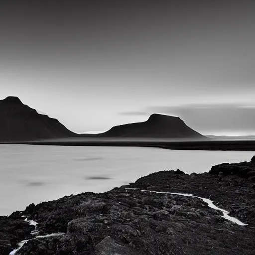 Image similar to minimalist black and white photograph of an icelandic valley, time exposure, of a river, sharp tall pillars, sharp rocks