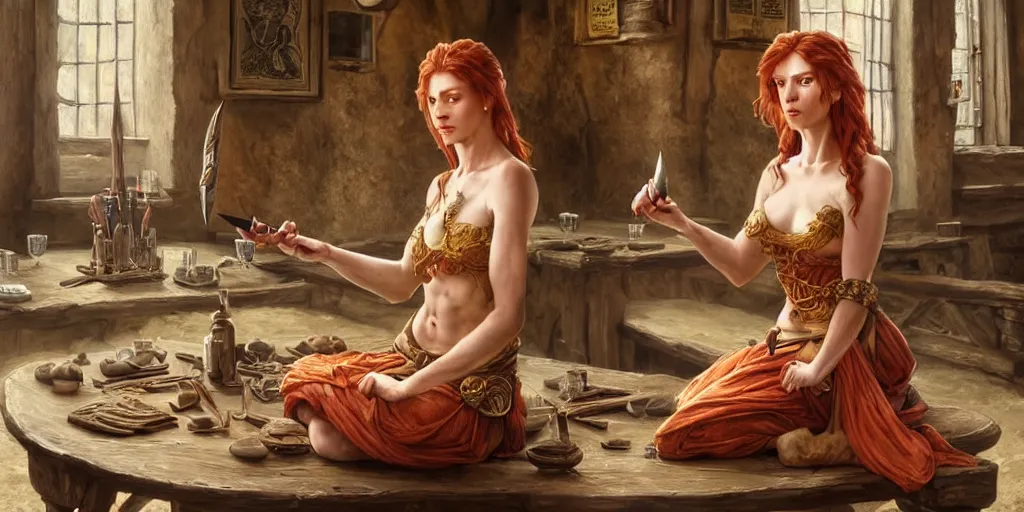 Prompt: ginger woman, sitting and drinking in an ancien tavern and playing with a knife, attractive, warrior, magic the gathering, action pose, ancient, sand, emerald, intricate, highly detailed, digital painting, artstation, concept art, smooth, sharp focus, illustration, Unreal Engine 5, 8K, art by artgerm and greg rutkowski and alphonse mucha