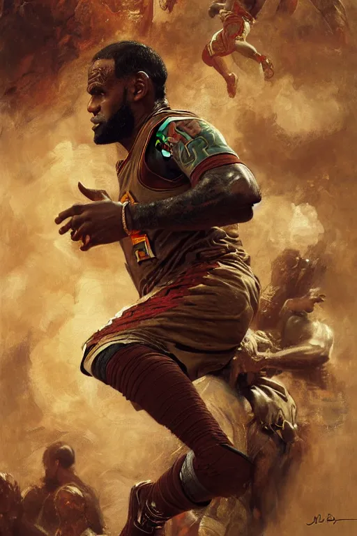 Prompt: lebron james, highly detailed painting by gaston bussiere, craig mullins, j. c. leyendecker 8 k