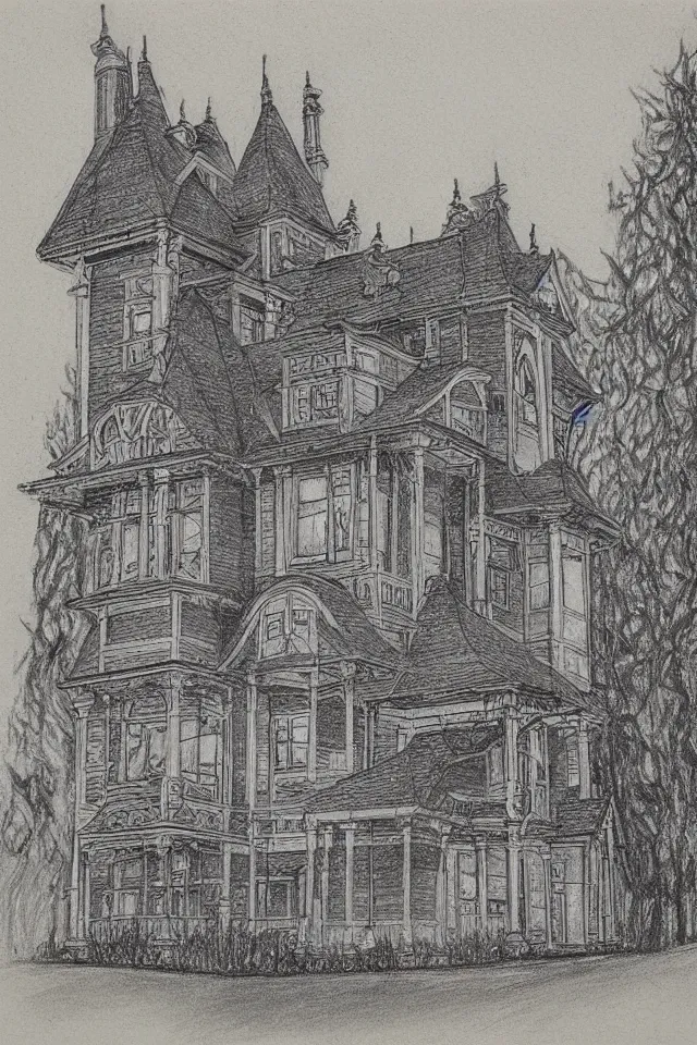 Image similar to Victorian villa with crooked chimney is surrounded by crows, Colored pencil drawing