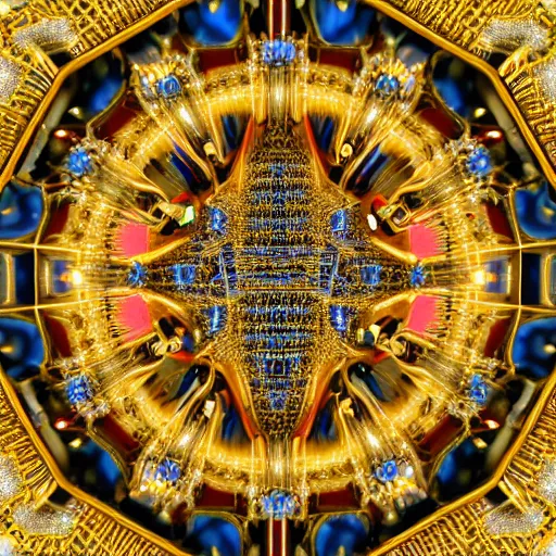 Image similar to a beautiful symmetrical being made of crystals,golden ornaments by alex gray and android jones, 3D, 8k resolution